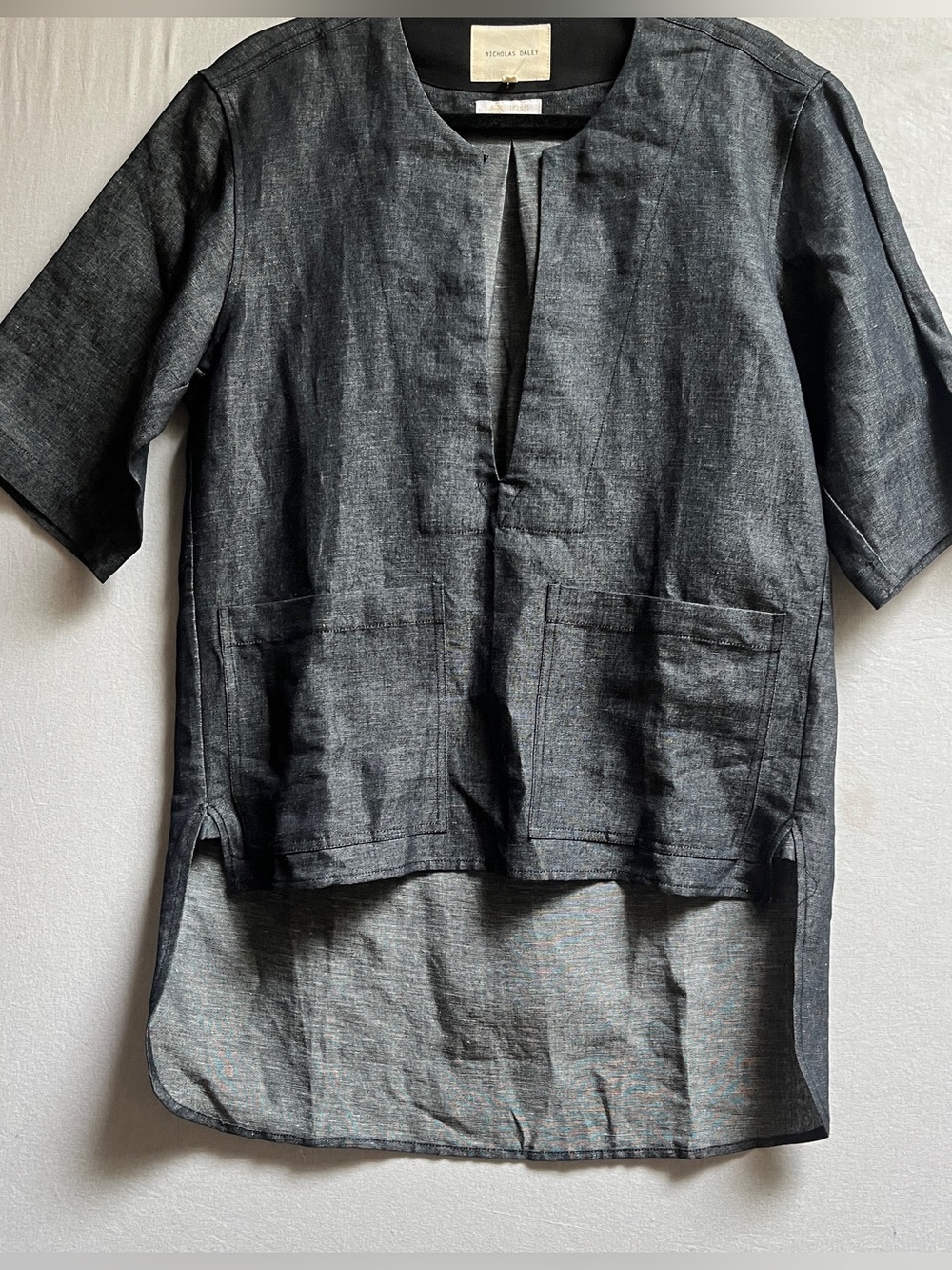 Nicholas Daley Black Irish Linen High-Low Pullover Tunic Top Sz 36